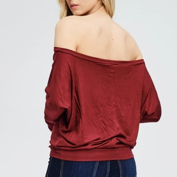 Wine Red Off Shoulder Boat Neck Long Sleeve Top - Picture 3 of 4